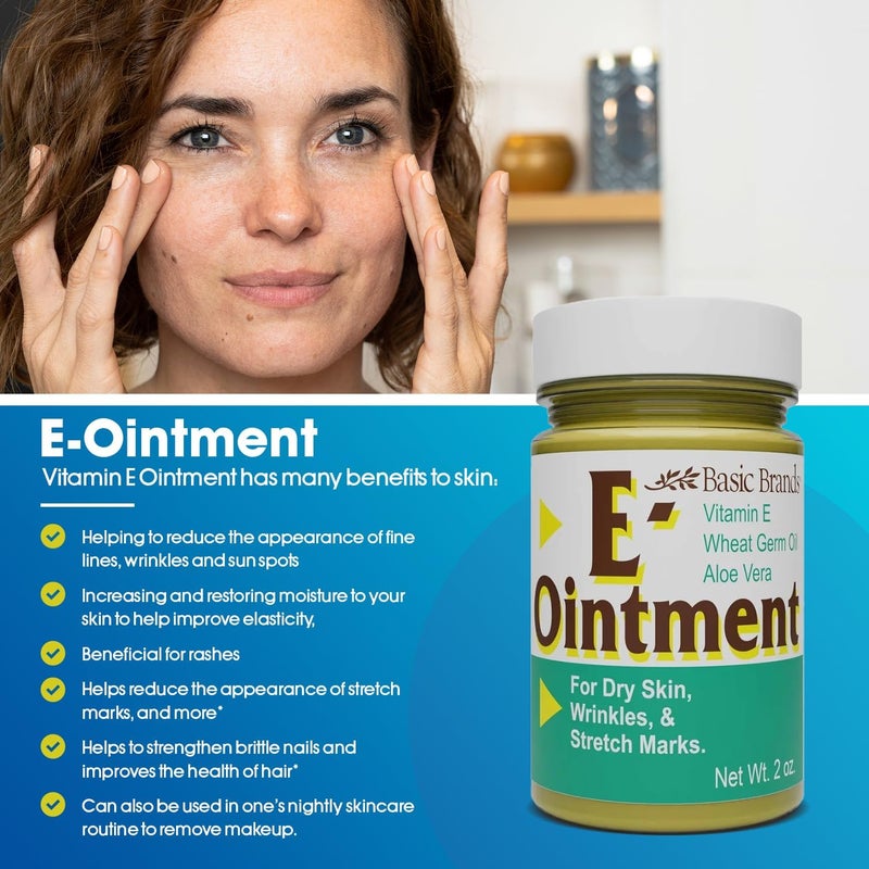 Basic Organics Basic Brands Vitamin E Ointment, 2 oz â€“ Moisture Enhancing â€“ Helps Reduce Appearance of Scars, Stretch Marks, Fine Lines & Wrinkles (Pack of 1) - Image 4